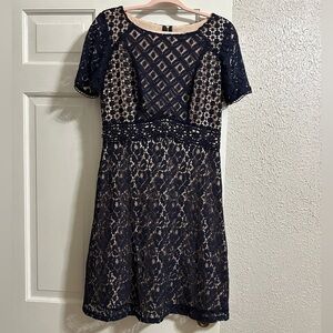 Sangria Midi Elegant Fit‎ and Flare Lace overlay dress in Navy, 10